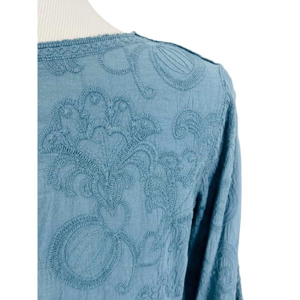 Blue Lace Up Embroidered Crochet Trim Tassel Tunic Top| Coastal Grandma Boho S/M - Picture 13 of 16